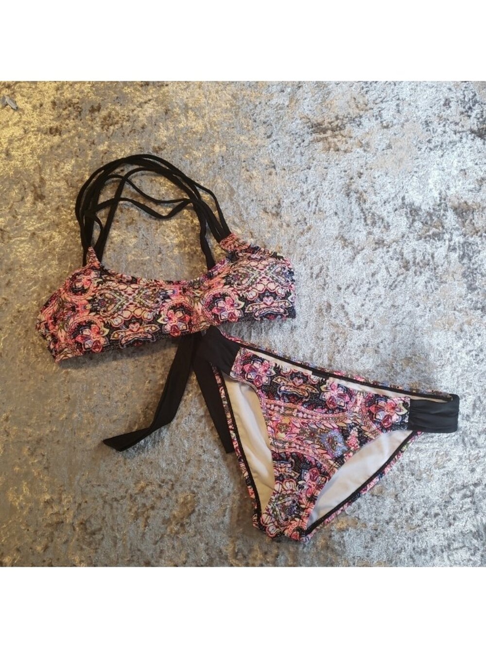 Endless Sun Pink Paisley Strappy Sporty Bikini Swim Swimsuit Travel Beach M3dium - Picture 7 of 8